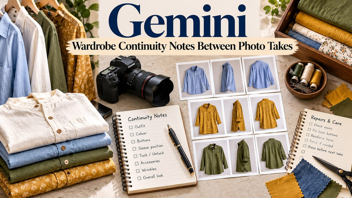 AI-generated editorial concept — Gemini: Wardrobe Continuity Notes Between Photo Takes; not actual TryBuy inventory