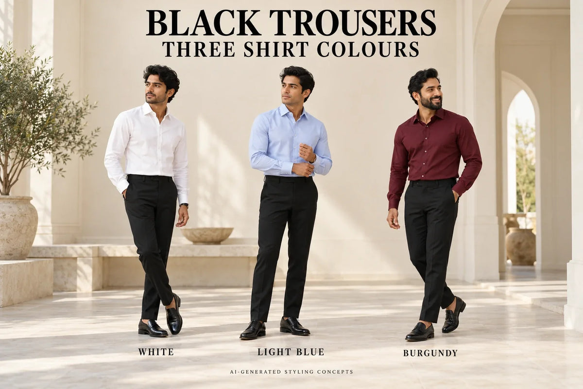 AI-generated comparison of white, light blue and burgundy shirts with black trousers, labelled by colour.