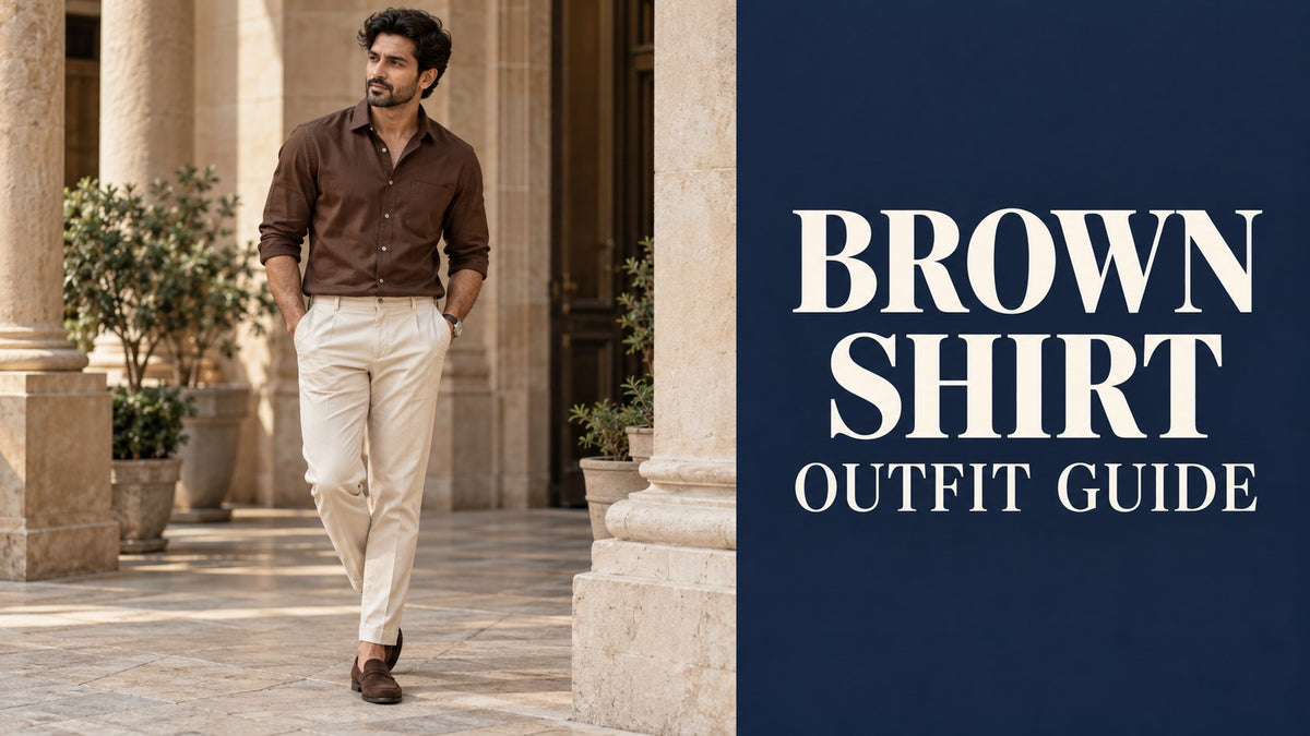 AI-generated brown shirt outfit guide; fictional garments.