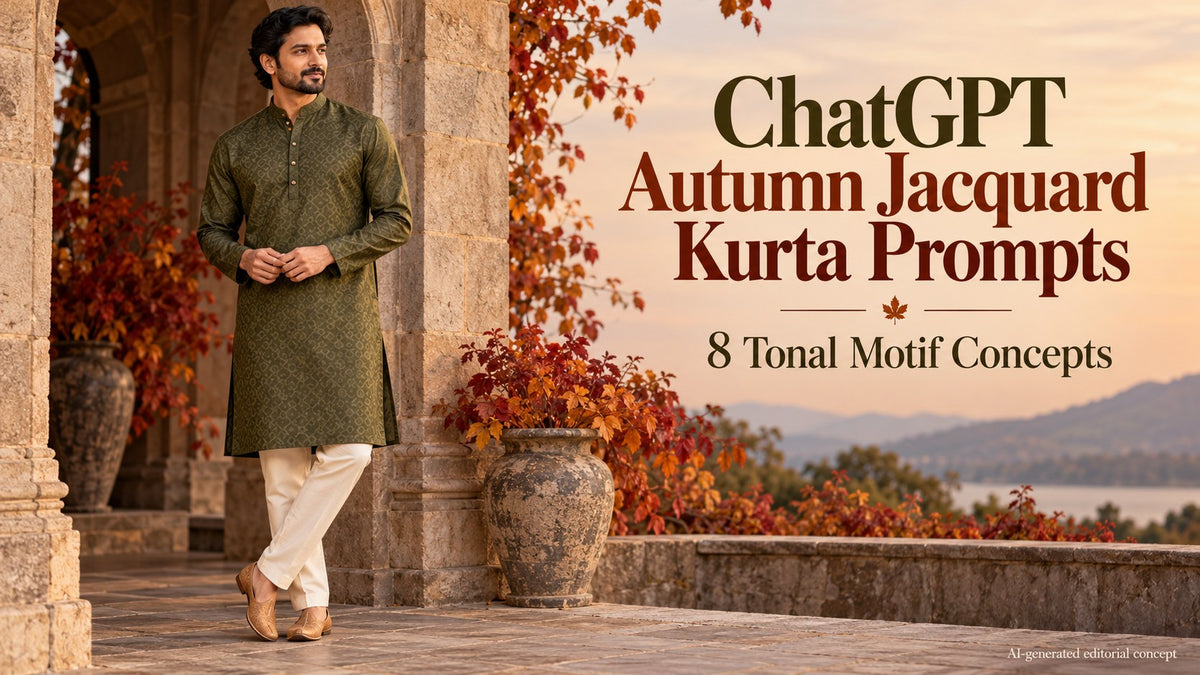 KI editorial adult man in an olive tonal geometric kurta beside autumn foliage, with ChatGPT jacquard prompt text.