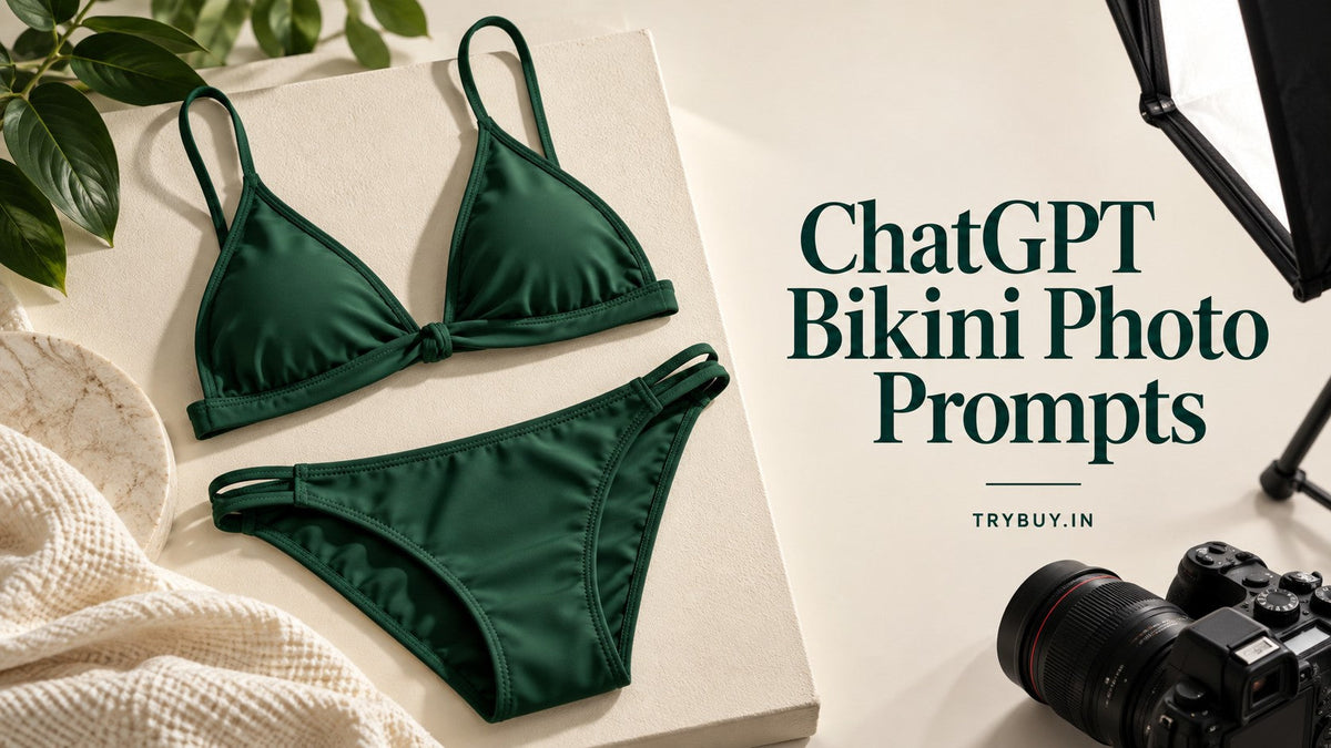 AI-generated green bikini still life with camera and studio lighting; text reads ChatGPT Bikini Photo Prompts