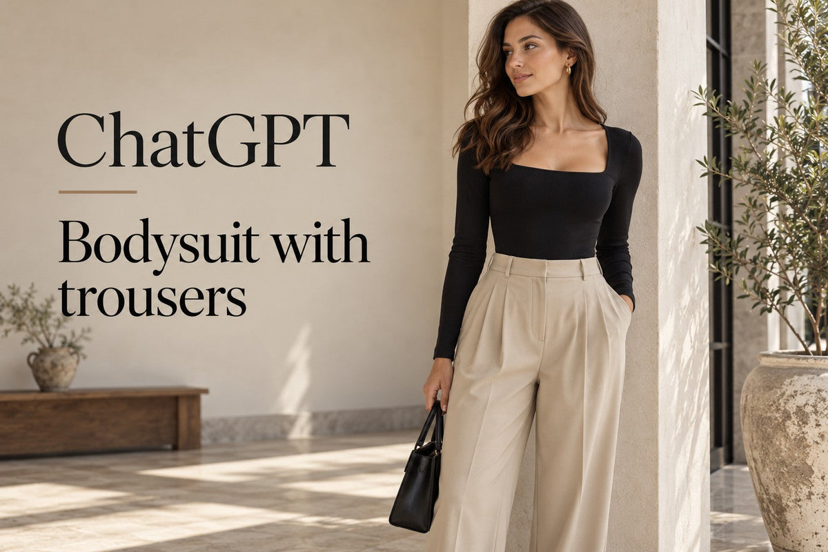 AI-generated editorial concept for Bodysuit with trousers, with readable ChatGPT topic text.