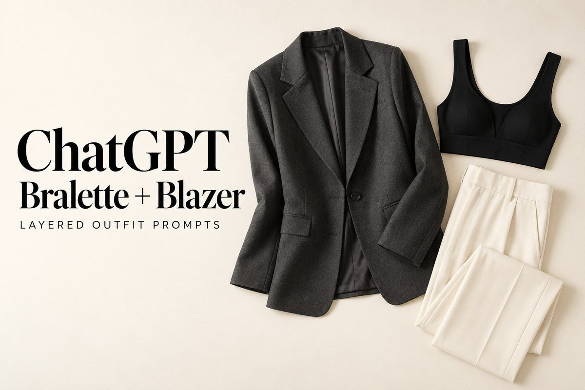 KI-generated flat lay of a black bralette, charcoal blazer and cream trousers; text reads ChatGPT Bralette + Blazer.