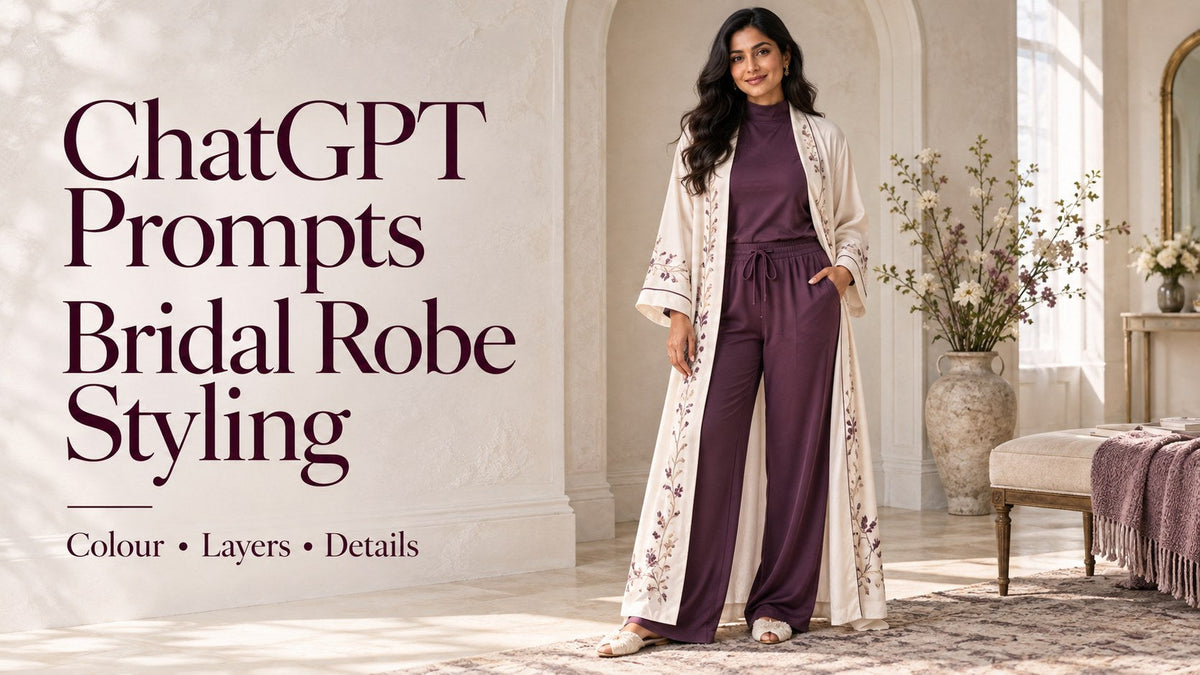 AI-generated woman in plum pyjamas and an ivory floral robe beside the text ChatGPT Prompts: Bridal Robe Styling.