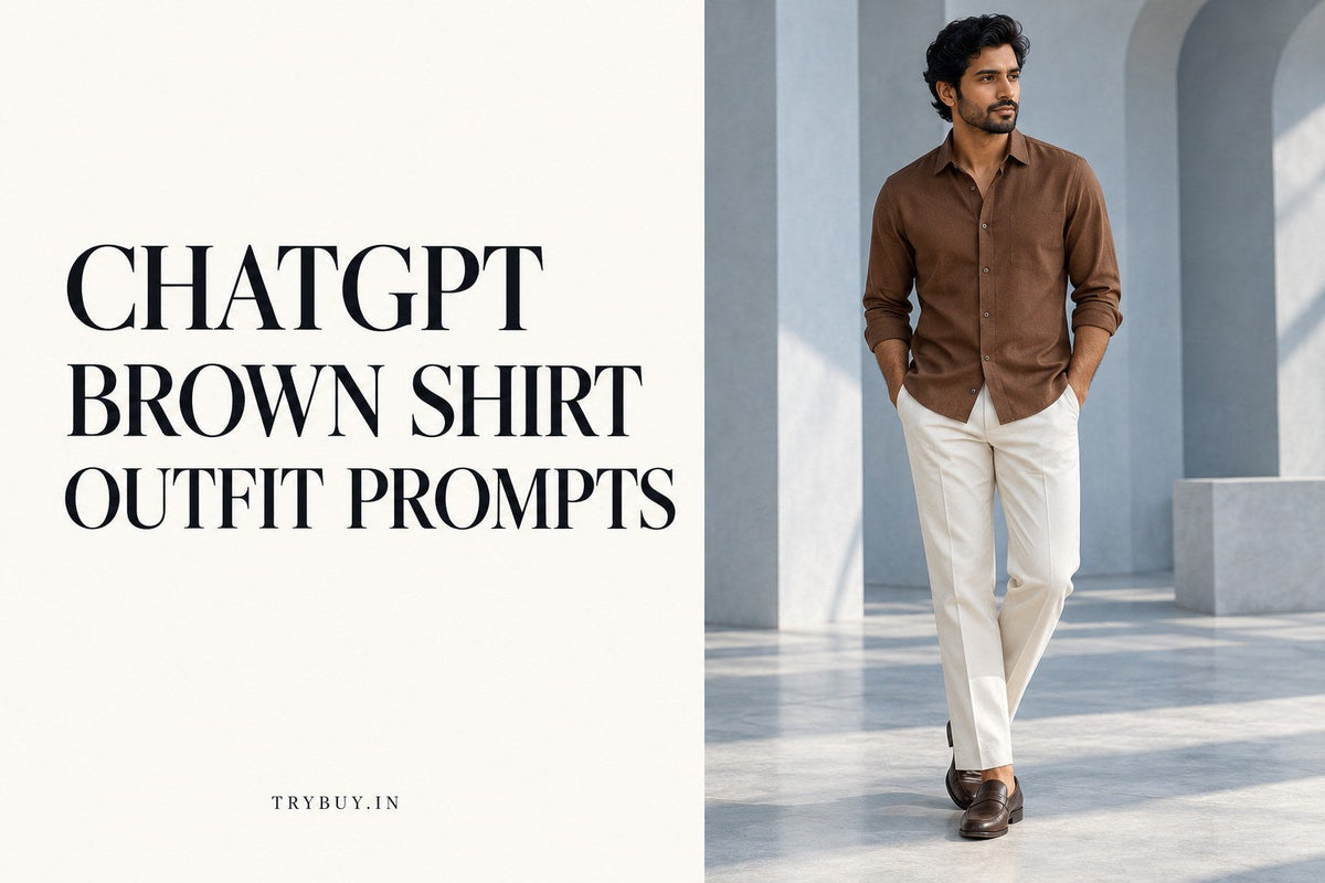 AI-generated editorial concept of an adult man wearing a tobacco-brown shirt and cream trousers, with the text ChatGPT Brown Shirt Outfit Prompts.