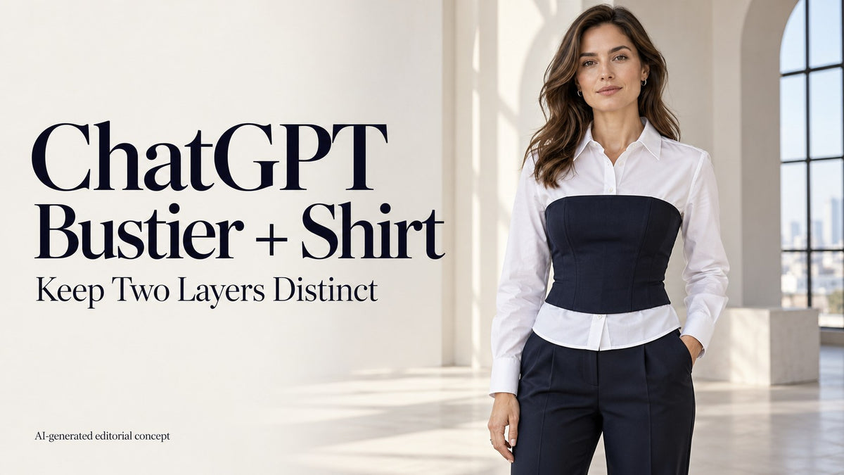KI editorial adult woman in an opaque white collared shirt beneath a navy outer bustier, with ChatGPT title text.