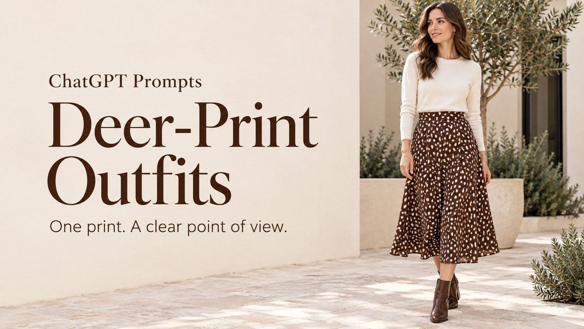 IA-generated woman in a small-spotted brown midi skirt and ivory top