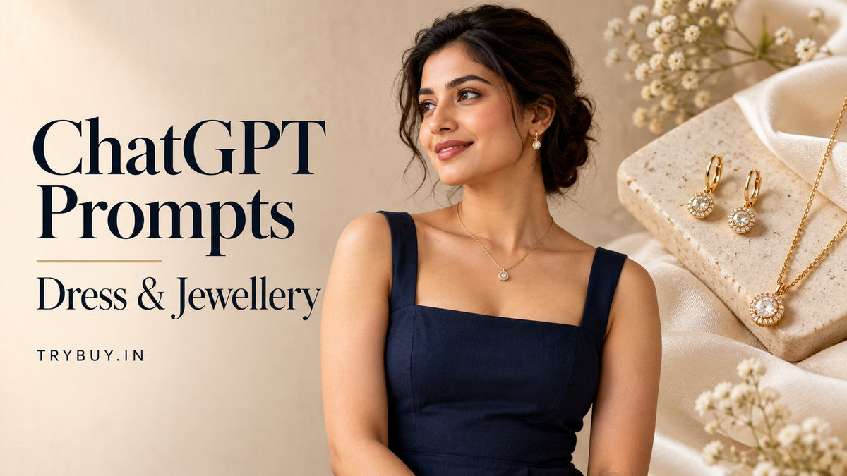 KI-generated editorial cover reading ChatGPT Prompts — Dress und Jewellery, showing a navy square neckline, pendant and earrings