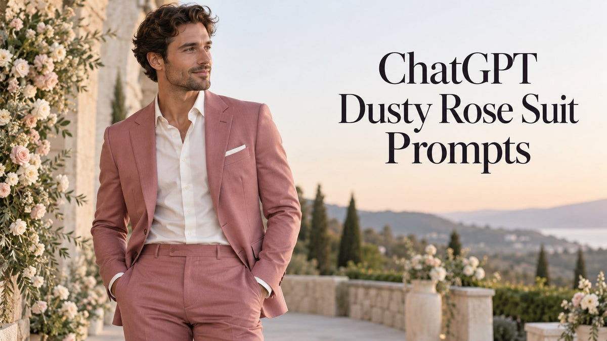 AI-generated editorial concept for dusty rose suit, with the text ChatGPT Dusty Rose Suit Prompts.