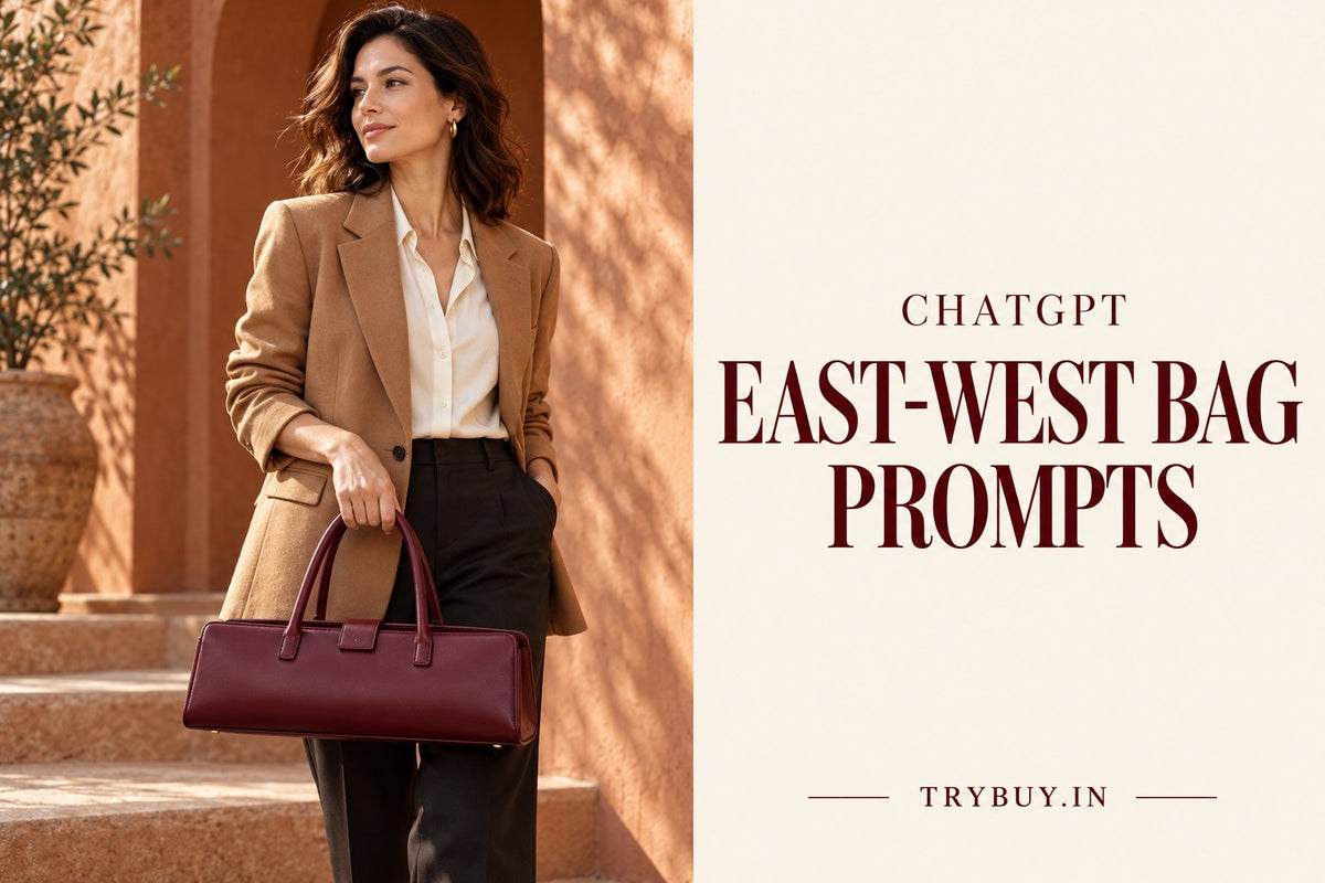 IA-generated editorial concept of an adult woman carrying a long horizontal burgundy bag with a neutral outfit, with the text ChatGPT East-West Bag prompt.
