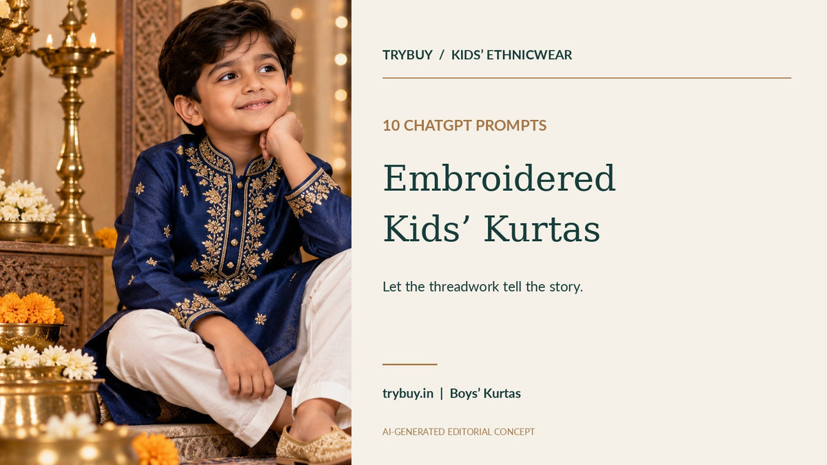 KI-generated navy kids’ kurta cover with 10 ChatGPT embroidery photo prompts