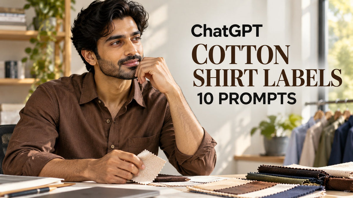 AI-generated editorial concept for cotton shirt labels, with ChatGPT and COTTON SHIRT LABELS text. Fictional garments, not actual inventory.