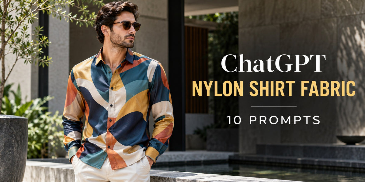 AI-generated editorial concept for nylon shirt labels, with ChatGPT and NYLON SHIRT FABRIC text. Fictional garments, not actual inventory.