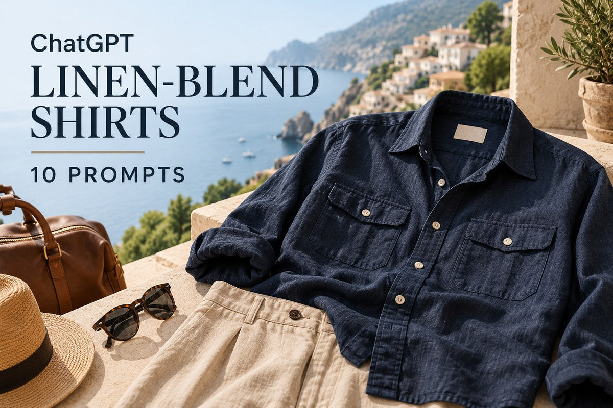 AI-generated editorial concept for linen blend shirt labels, with ChatGPT and LINEN-BLEND SHIRTS text. Fictional garments, not actual inventory.