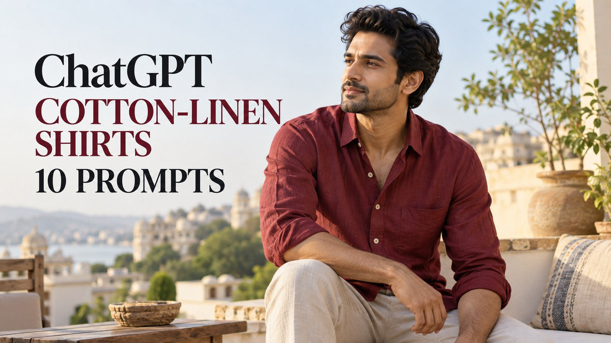 AI-generated editorial concept for cotton-linen blend shirt labels, with ChatGPT and COTTON-LINEN SHIRTS text. Fictional garments, not actual inventory.
