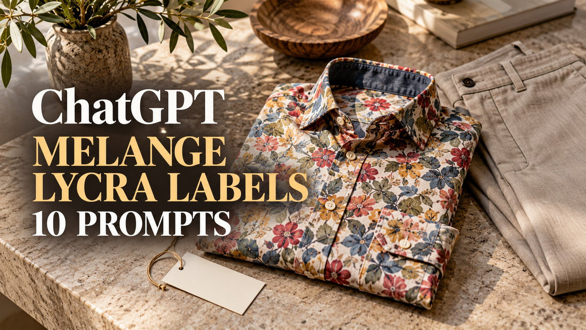 AI-generated editorial concept for Melange Lycra shirt labels, with ChatGPT and MELANGE LYCRA LABELS text. Fictional garments, not actual inventory.