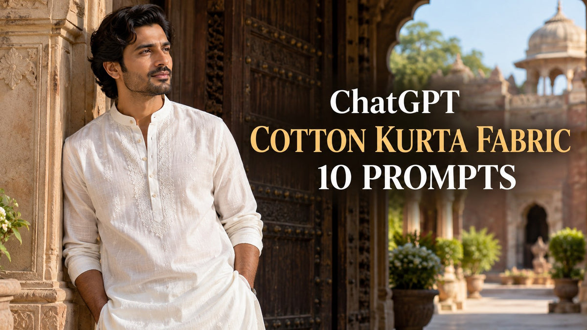 AI-generated editorial concept for cotton kurta labels, with ChatGPT and COTTON KURTA FABRIC text. Fictional garments, not actual inventory.