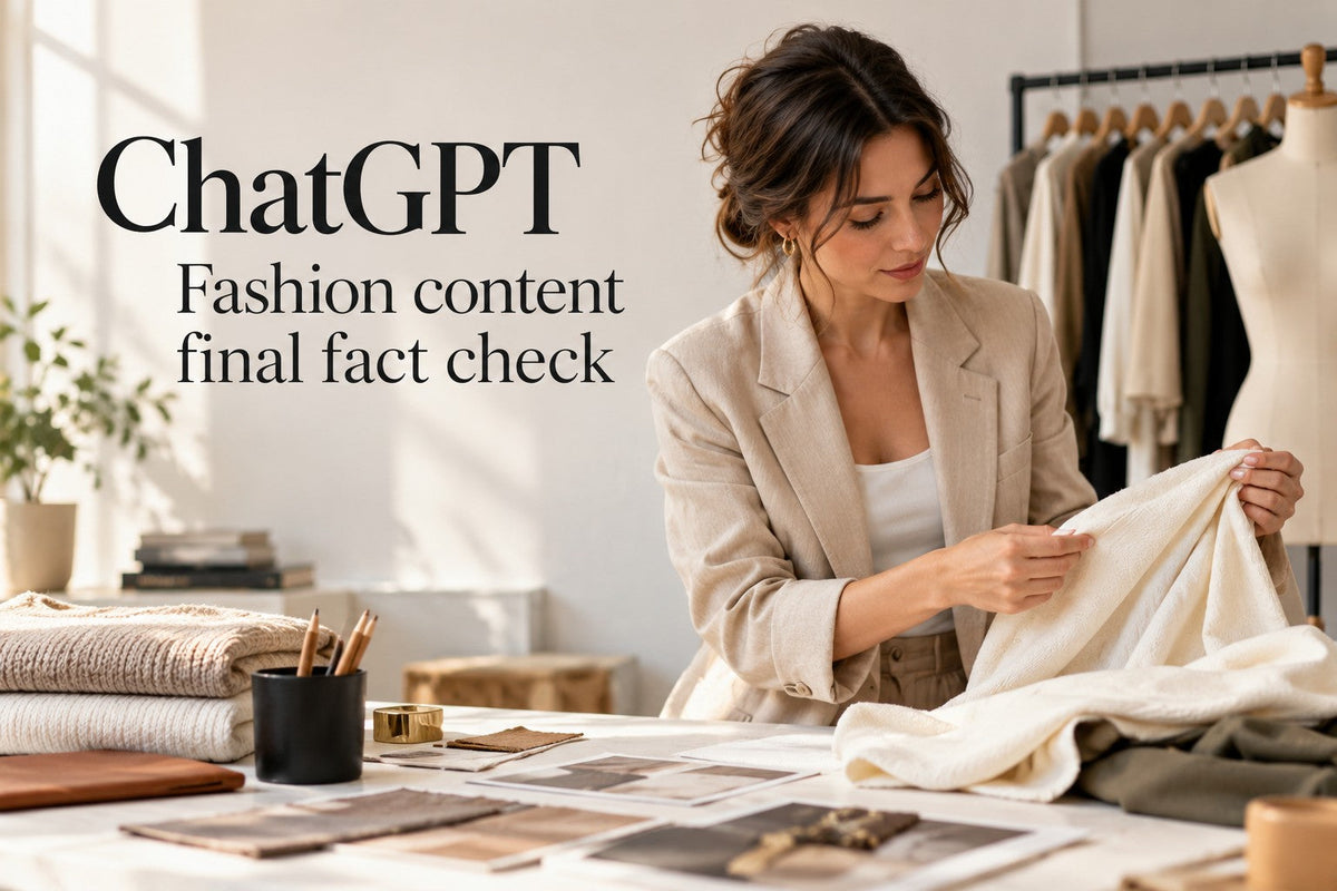 AI-generated editorial concept for Fashion content final fact check, with readable ChatGPT topic text.