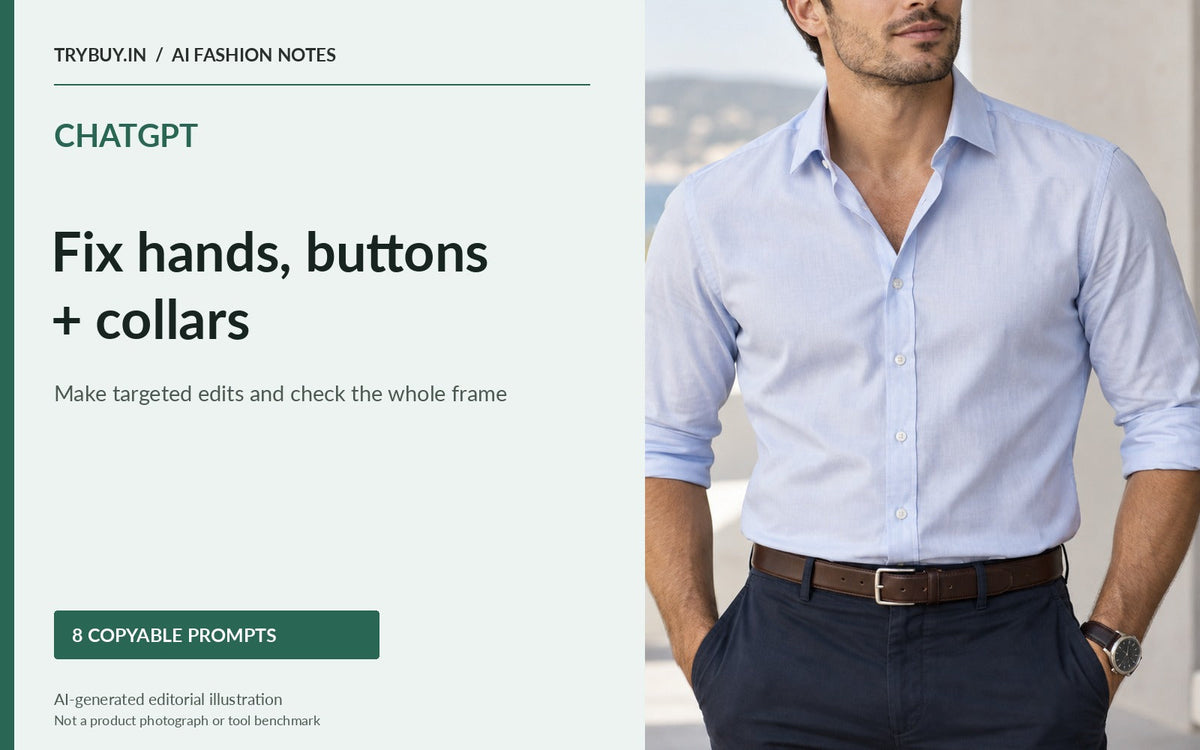ChatGPT guide to correcting hands, buttons and collars, with a close menswear view of a blue shirt; AI-generated editorial illustration.
