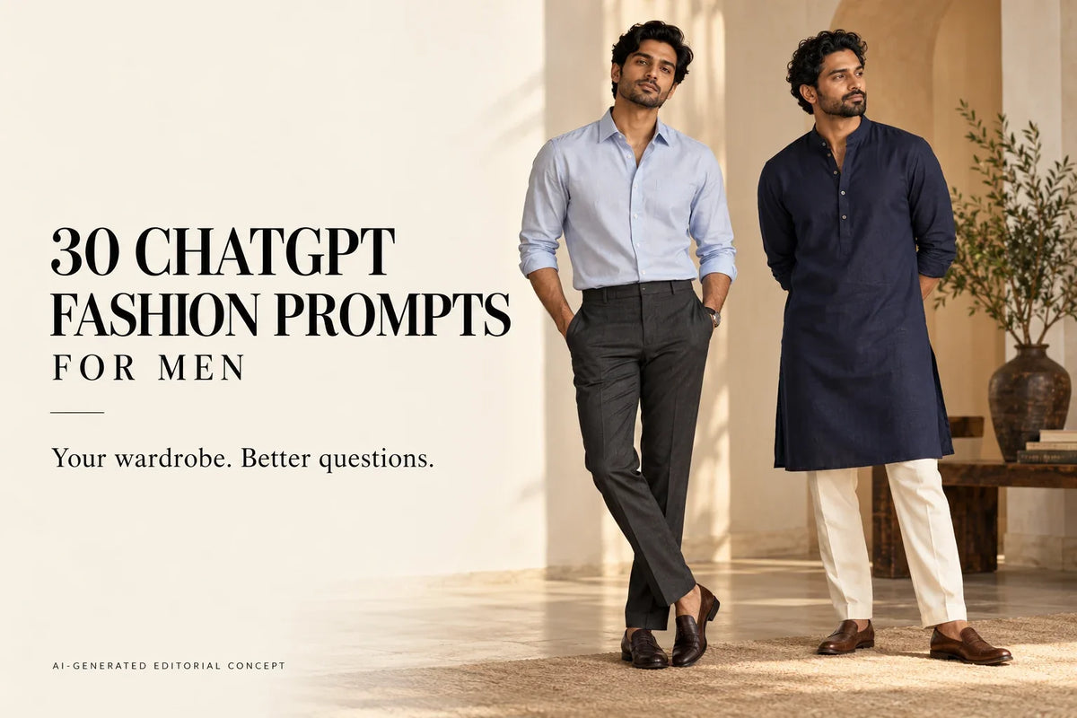 AI-generated editorial concept: men in a blue shirt and navy kurta beside the title 30 ChatGPT Fashion Prompts for Men.