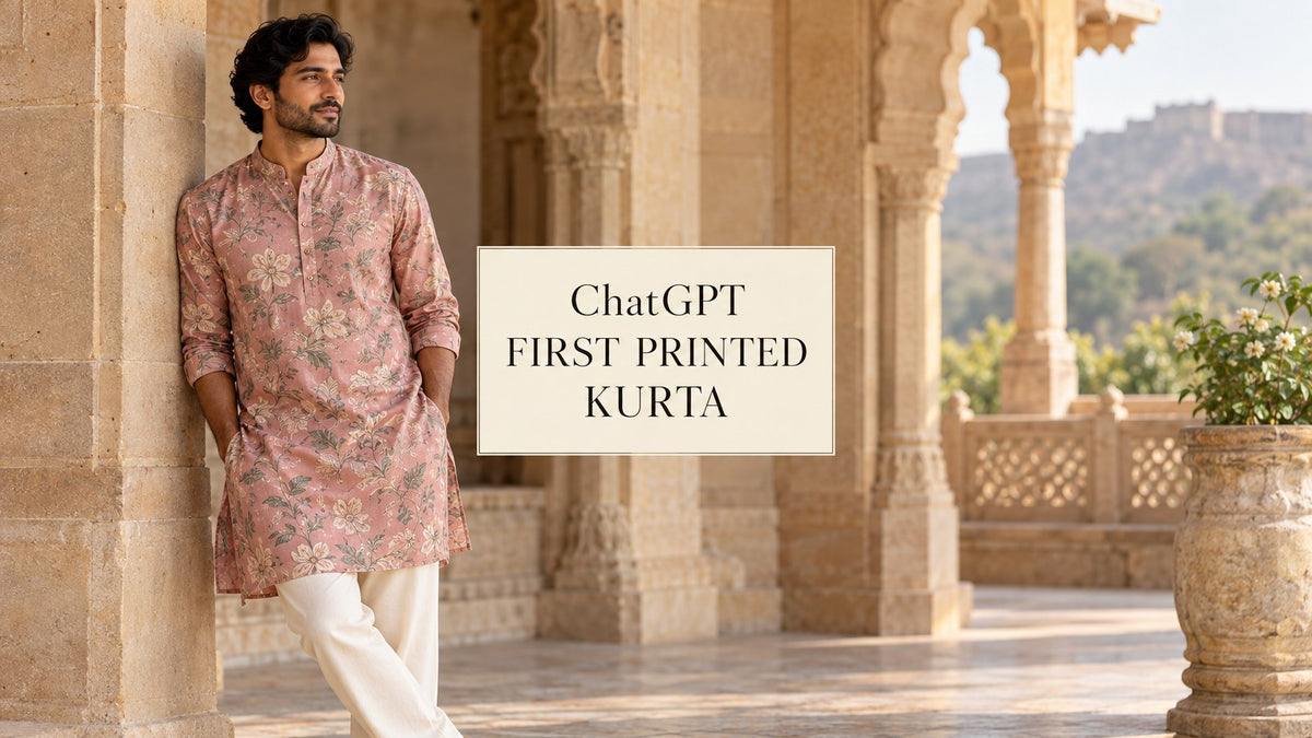 AI-generated editorial concept of an adult man in a pink botanical printed kurta, with the text ChatGPT First Printed Kurta.