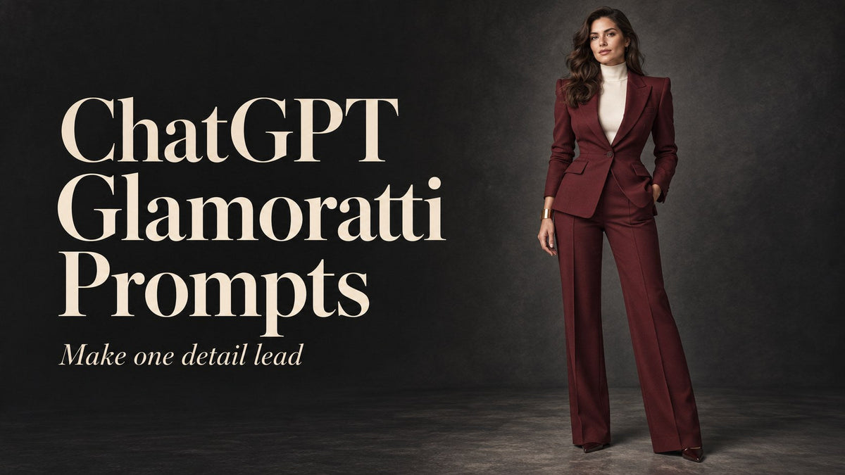 IA-generated woman in a sculpted burgundy trouser suit beside the headline ChatGPT Glamoratti prompts.
