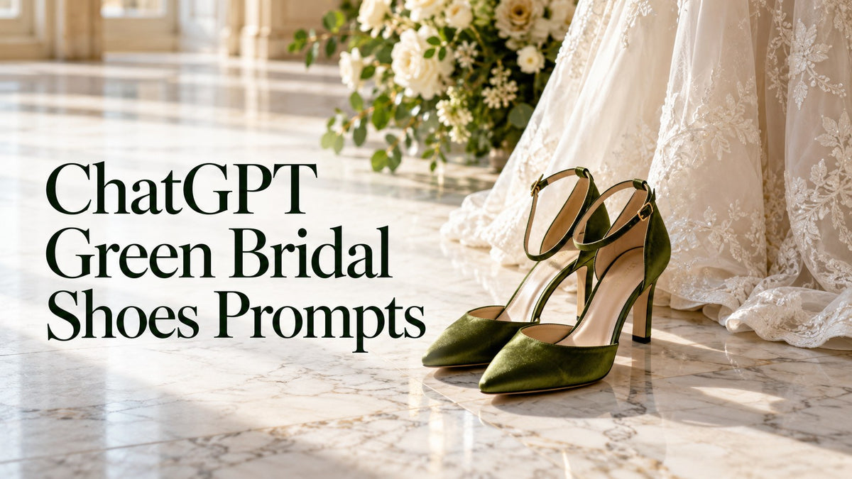 AI-generated editorial concept for green bridal shoes, with the text ChatGPT Green Bridal Shoes Prompts.