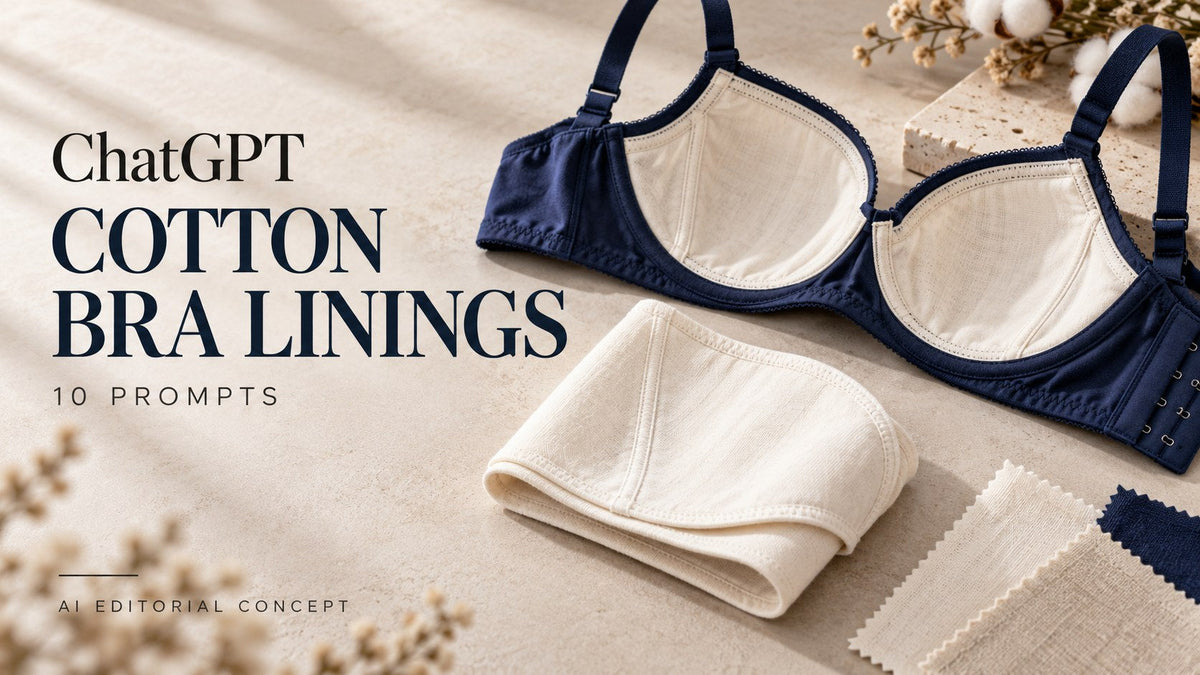 AI-generated garment-only editorial concept: COTTON BRA LININGS, with ChatGPT and 10 Prompts text. Fictional adult women's garments, not TryBuy inventory.