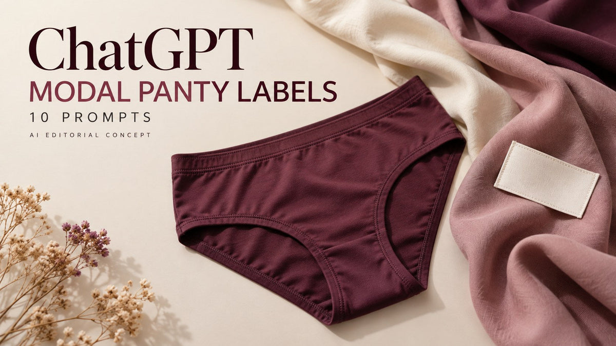 AI-generated garment-only editorial concept: MODAL PANTY LABELS, with ChatGPT and 10 Prompts text. Fictional adult women's garments, not TryBuy inventory.