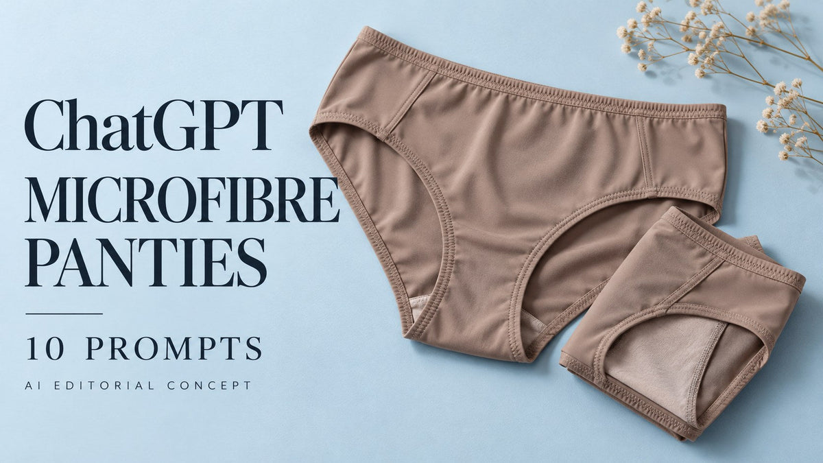 AI-generated garment-only editorial concept: MICROFIBRE PANTIES, with ChatGPT and 10 Prompts text. Fictional adult women's garments, not TryBuy inventory.