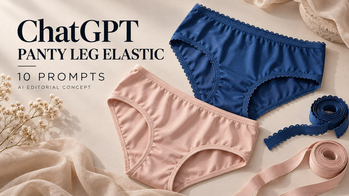 AI-generated garment-only editorial concept: PANTY LEG ELASTIC, with ChatGPT and 10 Prompts text. Fictional adult women's garments, not TryBuy inventory.