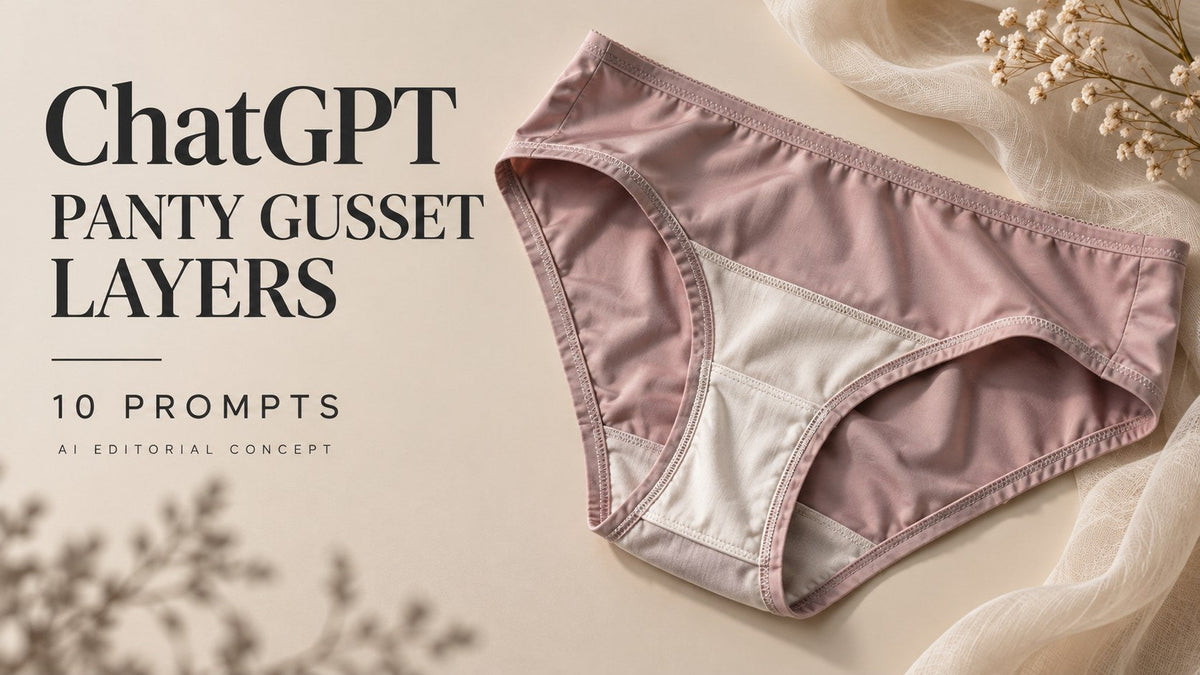 AI-generated garment-only editorial concept: PANTY GUSSET LAYERS, with ChatGPT and 10 Prompts text. Fictional adult women's garments, not TryBuy inventory.