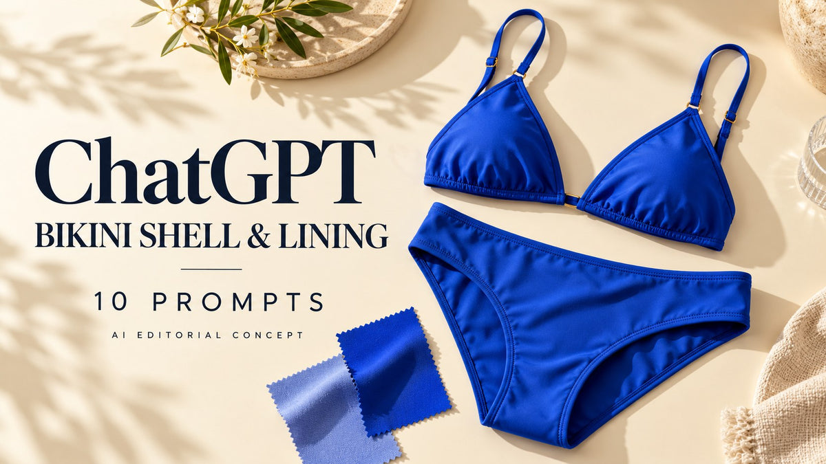 AI-generated garment-only editorial concept: BIKINI SHELL & LINING, with ChatGPT and 10 Prompts text. Fictional adult women's garments, not TryBuy inventory.