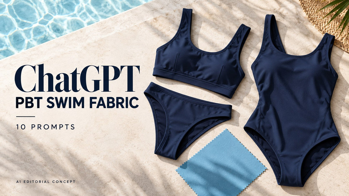 IA-generated garment-only editorial concept: PBT SWIM FABRIC, with ChatGPT and 10 prompt text. Fictional adult women's garments, not TryBuy inventory.
