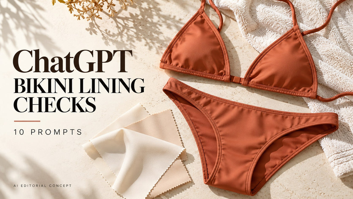 AI-generated garment-only editorial concept: BIKINI LINING CHECKS, with ChatGPT and 10 Prompts text. Fictional adult women's garments, not TryBuy inventory.