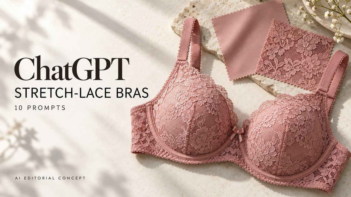 AI-generated garment-only editorial concept: STRETCH-LACE BRAS, with ChatGPT and 10 Prompts text. Fictional adult women's garments, not TryBuy inventory.