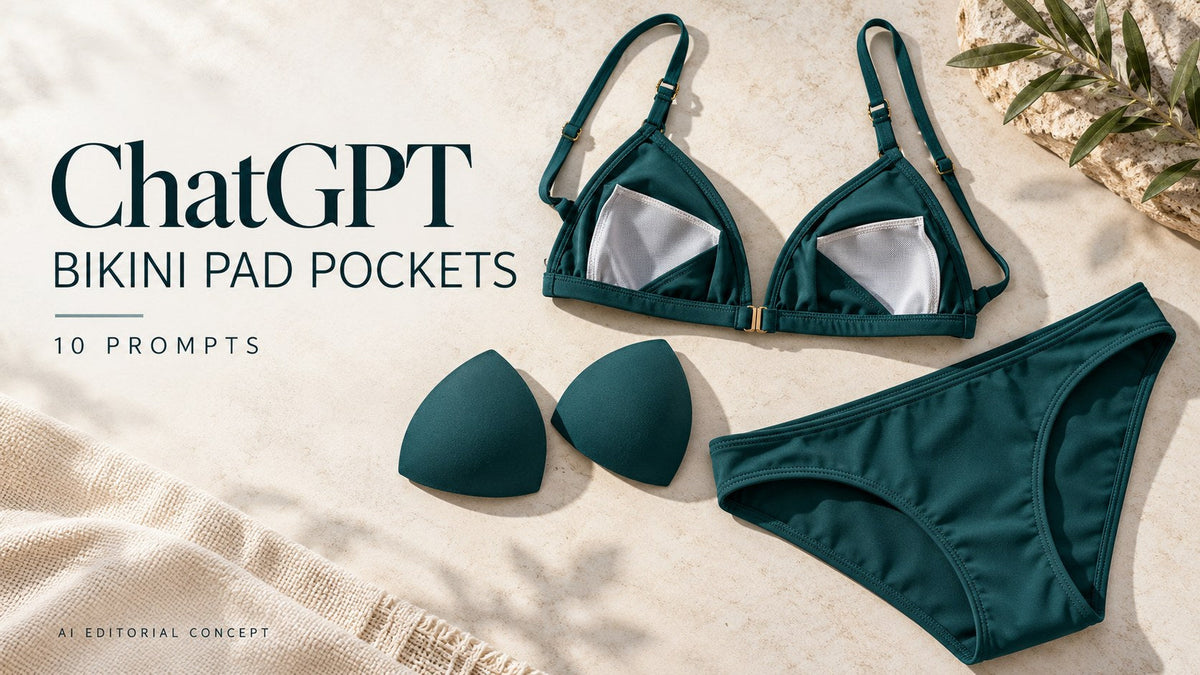 AI-generated garment-only editorial concept: BIKINI PAD POCKETS, with ChatGPT and 10 Prompts text. Fictional adult women's garments, not TryBuy inventory.