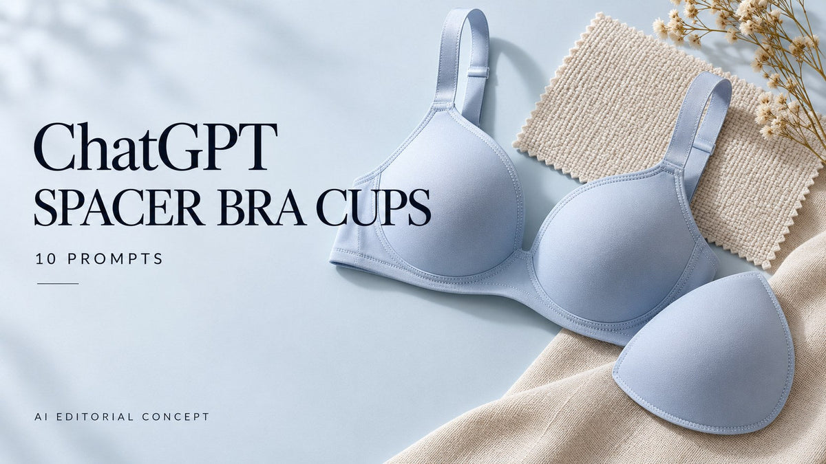 KI-generated garment-only editorial concept: SPACER BRA CUPS, with ChatGPT and 10 Prompts text. Fictional adult women's garments, not TryBuy inventory.