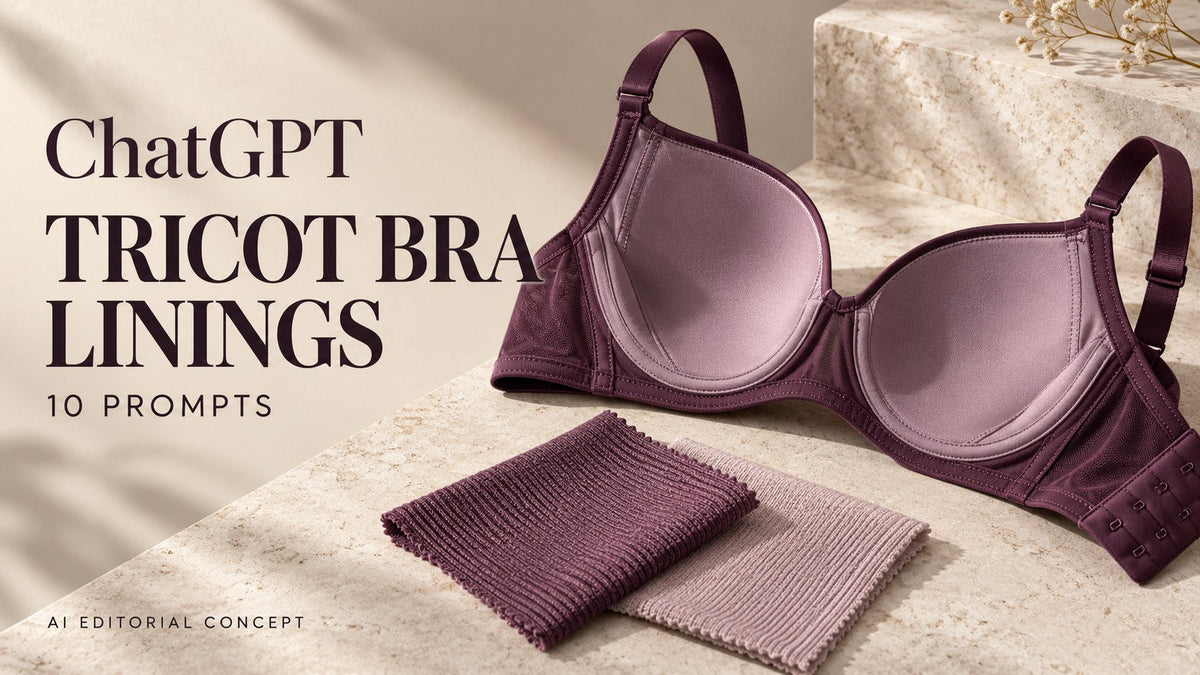 AI-generated garment-only editorial concept: TRICOT BRA LININGS, with ChatGPT and 10 Prompts text. Fictional adult women's garments, not TryBuy inventory.
