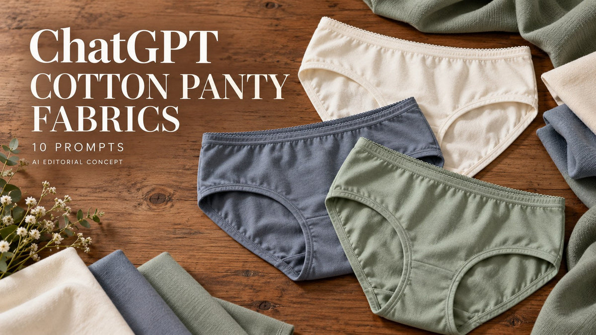 AI-generated garment-only editorial concept: COTTON PANTY FABRICS, with ChatGPT and 10 Prompts text. Fictional adult women's garments, not TryBuy inventory.