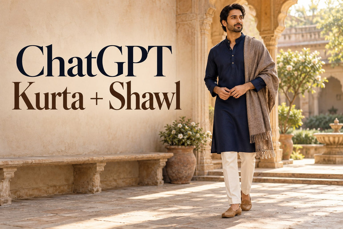 AI-generated editorial concept of an adult man in a navy kurta with a taupe shawl, with text ChatGPT Kurta + Shawl.