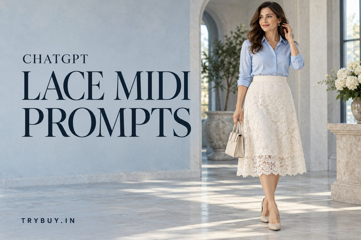 AI-generated editorial concept of an adult woman wearing a fully lined ivory lace midi skirt and a blue shirt, with the text ChatGPT Lace Midi Prompts.