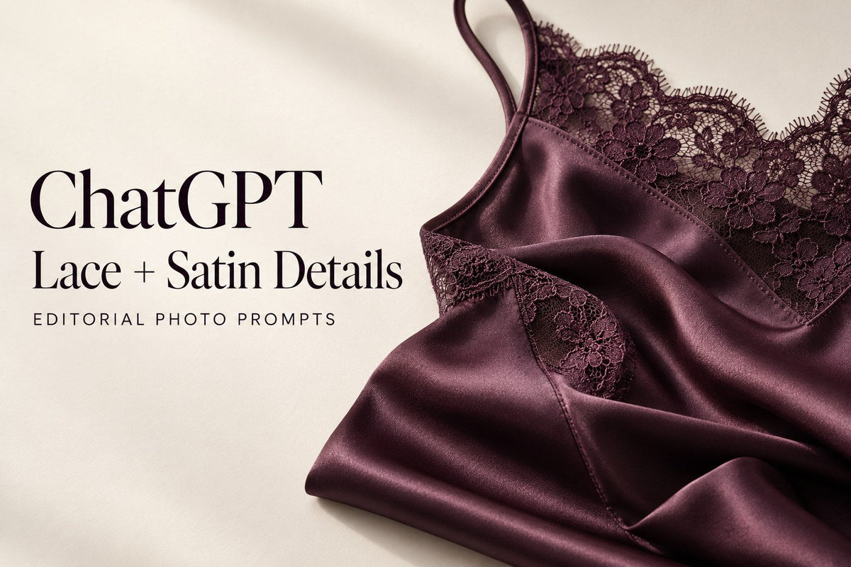 AI-generated plum camisole lace-and-satin still life; text reads ChatGPT Lace + Satin Details, Editorial Photo Prompts.