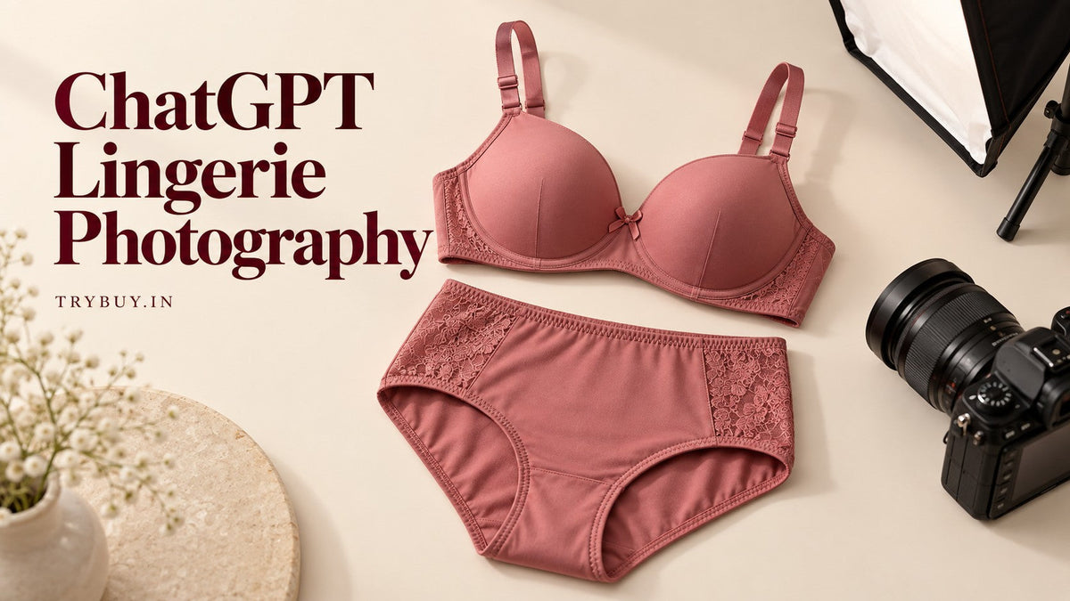 AI-generated rose lingerie still life with camera and studio lighting; text reads ChatGPT Lingerie Photography