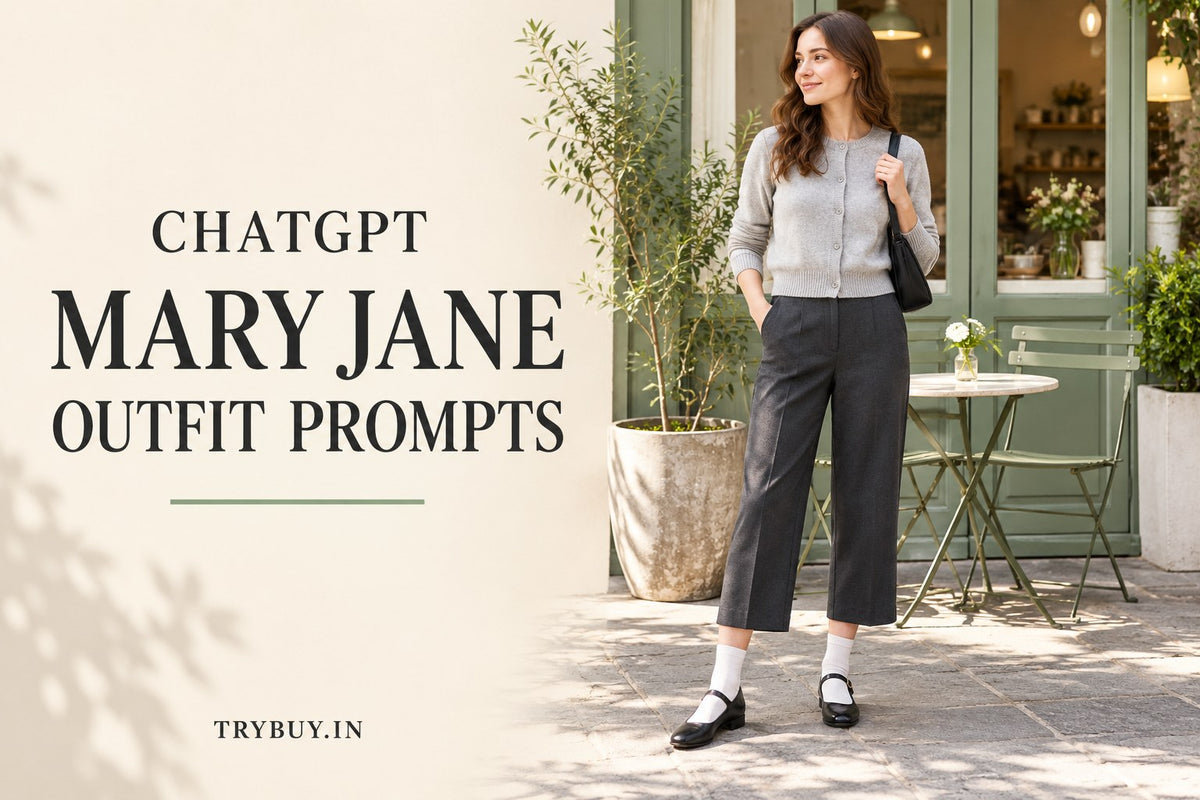 AI-generated editorial concept of an adult woman in cropped trousers, white socks and black Mary Jane shoes, with the text ChatGPT Mary Jane Outfit Prompts.