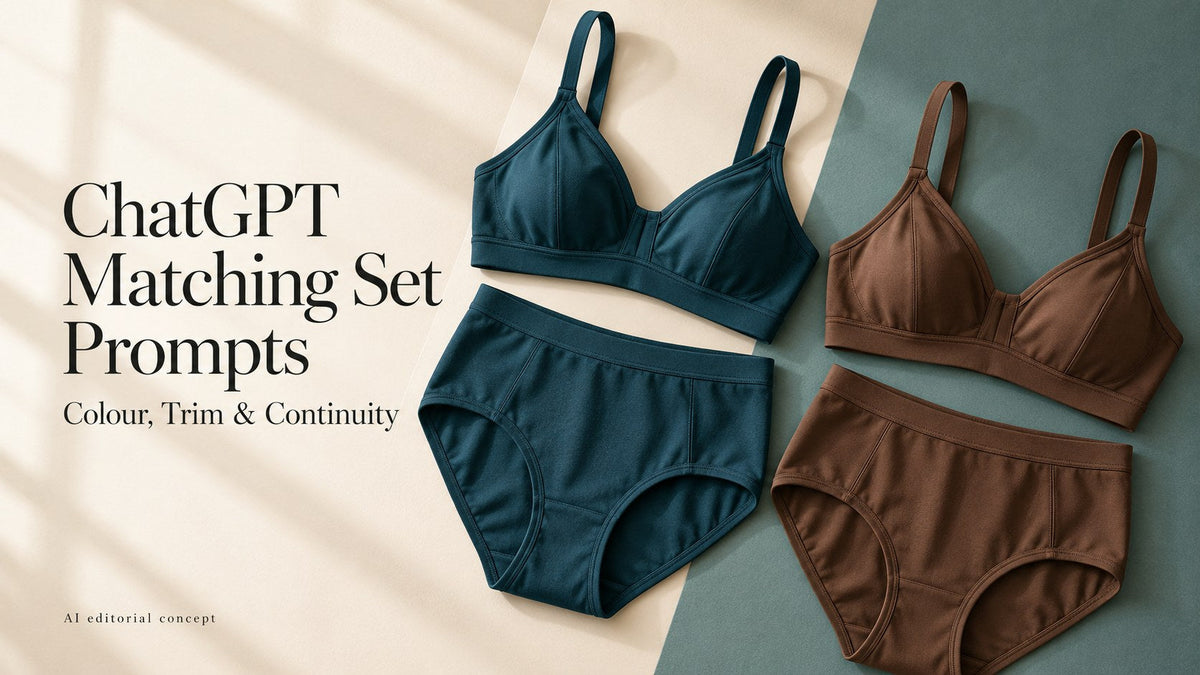 AI-generated teal and cocoa bra-and-brief sets; text reads ChatGPT Matching Set Prompts, Colour, Trim & Continuity.