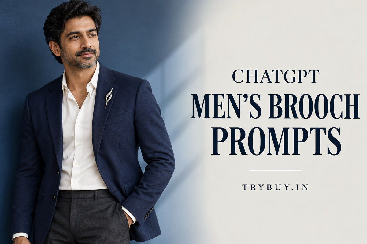 AI-generated editorial concept of an adult man in a navy blazer with one silver-coloured lapel brooch, with the text ChatGPT पुरुषों Brooch Prompts.