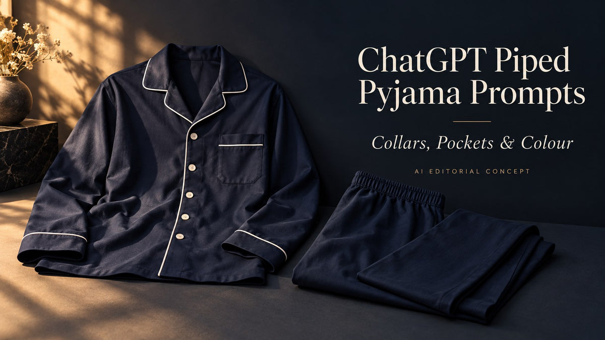 Fictional navy men’s piped pyjama top and trousers with ChatGPT Piped Pyjama Prompts typography.