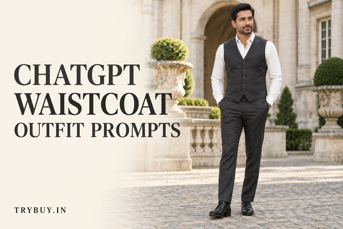 AI-generated adult man wearing a charcoal waistcoat over an ivory shirt with matching trousers, titled ChatGPT Waistcoat Outfit Prompts.