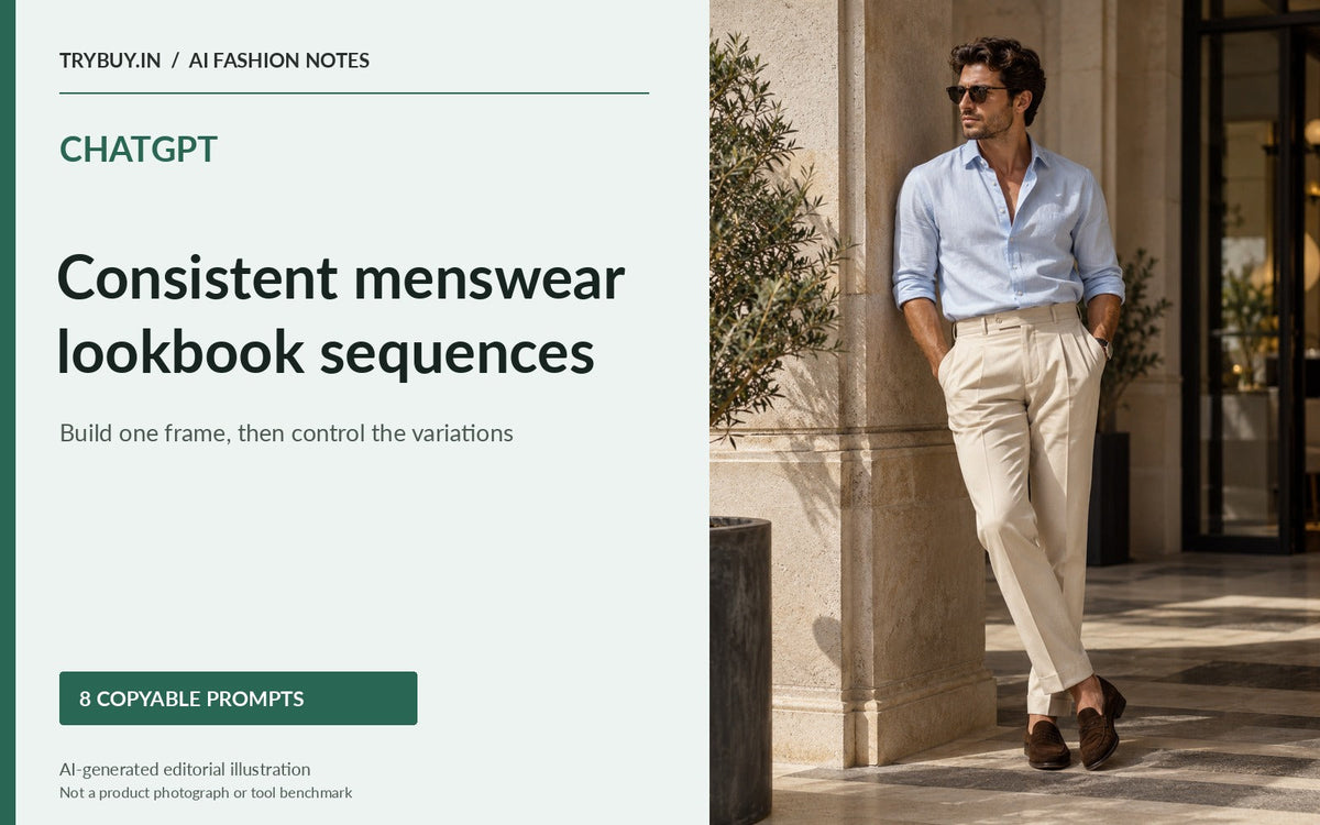 ChatGPT menswear lookbook sequence prompt guide with a model in a light-blue shirt and cream trousers; AI-generated editorial illustration.